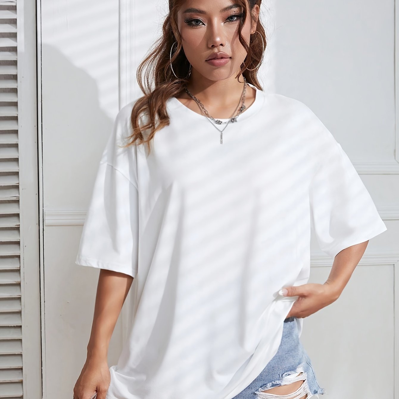 Y2K Retro American Casual Crew պարանոցի վերնաշապիկ, 100% պոլիեսթեր տրիկոտաժե գործվածք, միաձույլ գույն, ուսերի երկարաթև, միջին ձգվող պուլովեր գարուն/ամառ/աշուն.