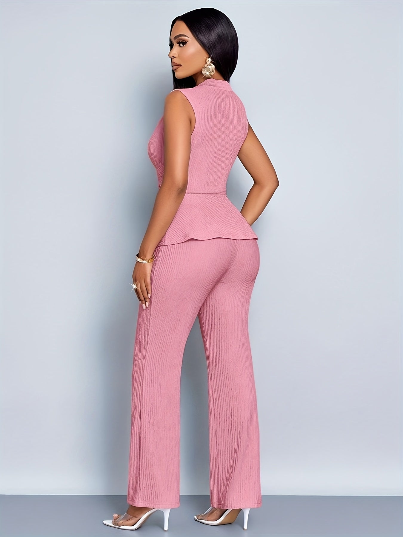 Women's Elegant V-Neck Sleeveless T-Shirt and Wide-Leg Pants Two-Piece Set, Asymmetrical Hem Casual Spring/Summer Outfit