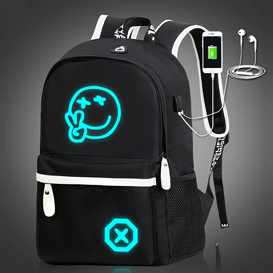 Glow-in-the-Dark Men's Backpack - Stylish & Lightweight, Large Capacity Oxford Fabric Daypack with USB Charging Port for Daily Commute, Campus, Cartoon, High School