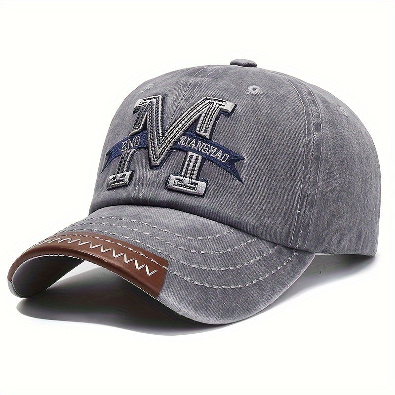 Spring And Autumn Retro Washed Denim Duckbill Cap, Fashionable Outdoor Sun Baseball Hat, With Old Letter M Embroidery, For Men Women
