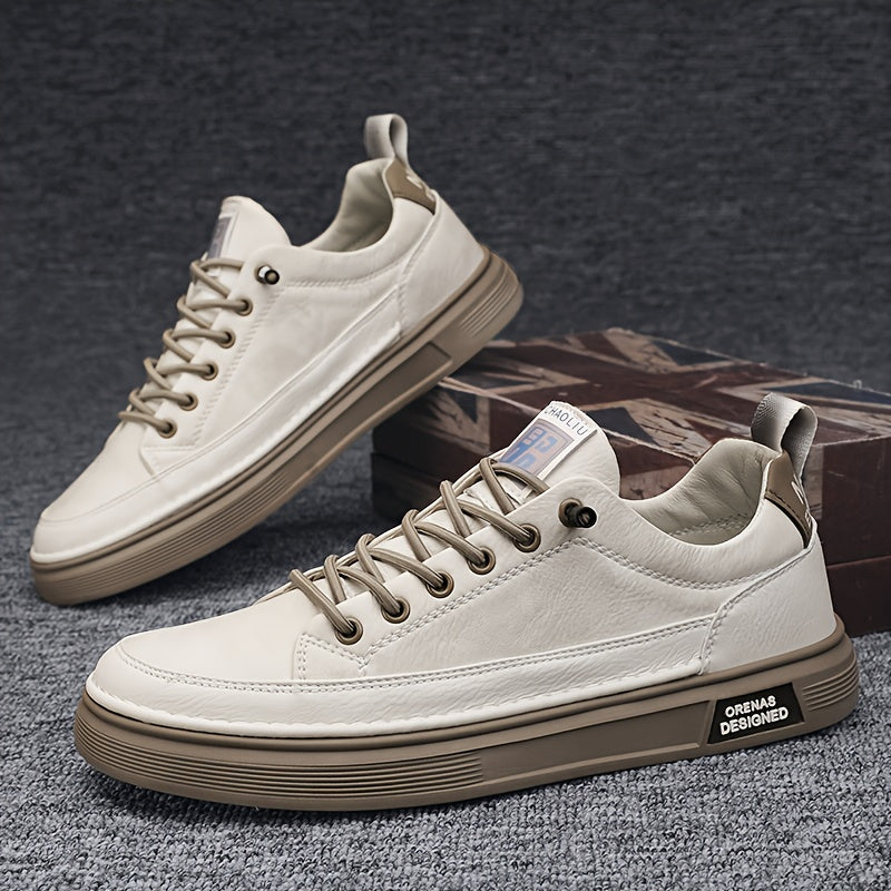 Men's Casual Low-Top Sneakers in Light Beige - Versatile All-Season White Shoes with Elastic Laces, Durable PU Upper & PVC Sole, Comfortable Fabric Insole for Casual Attire