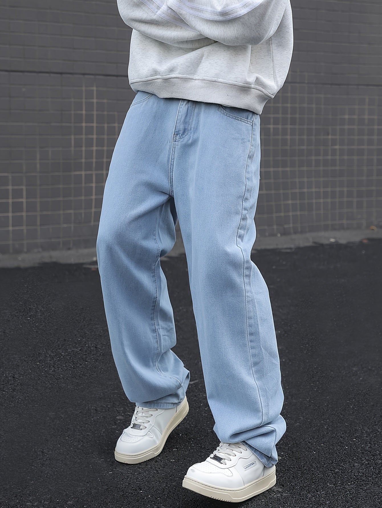 Men's Loose Solid Denim Pants With Pockets, Causal Cotton Blend Jeans For Outdoor Activities