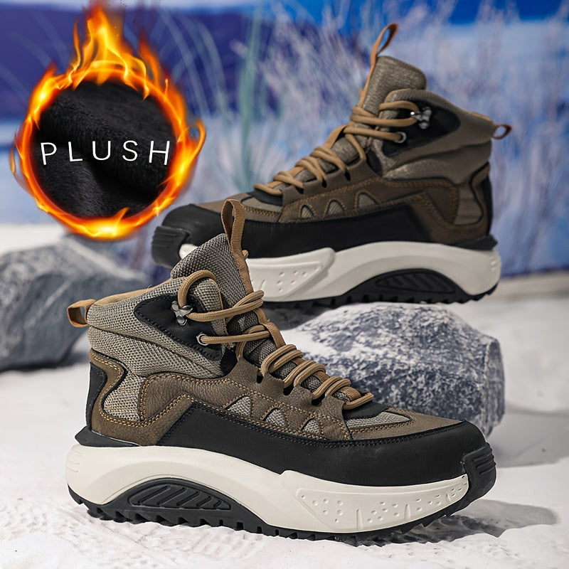 Men's Thermal Insulated Winter Boots with Lining - PU/Fabric Upper, Zipper & Lace Closure, Cushioned Insole & Arch Support, Brown/Black/White/Beige - Low-Top Round Toe for Snow, Ice, and Casual Attire - Ideal for Skiing, Hik