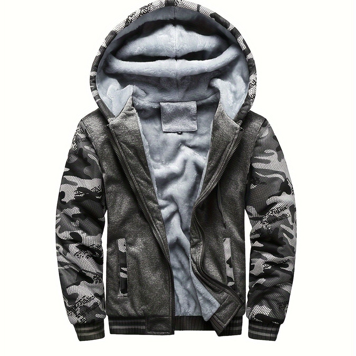 Color Block Sherpa Lined Men's Hooded Jacket, Casual Long Sleeve Hoodies With Zipper, Gym Sports Hooded Coat For Winter Fall