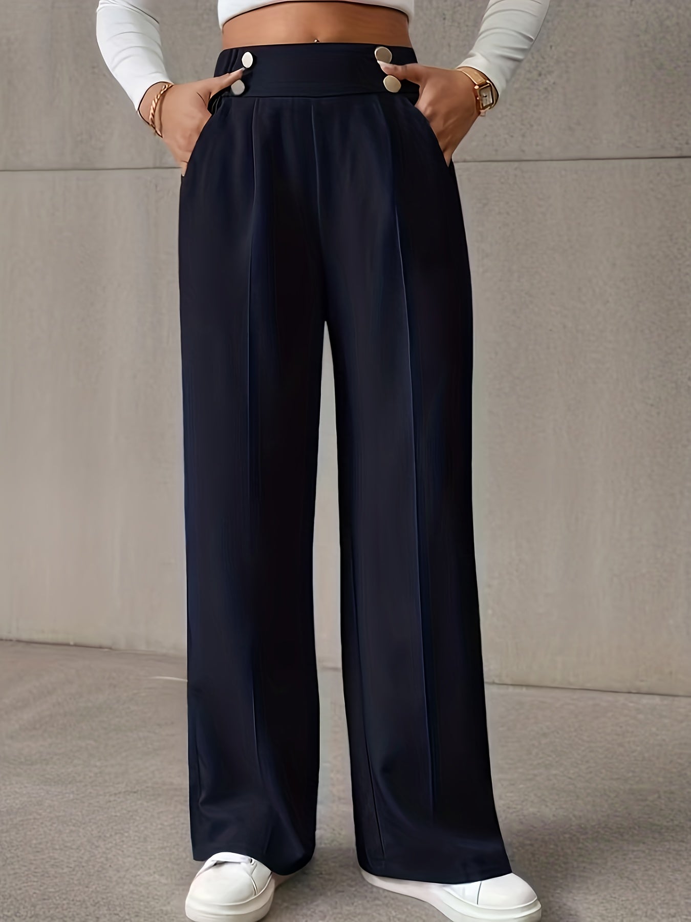 Women's Elegant Button-Waist Straight Leg Polyester Trousers