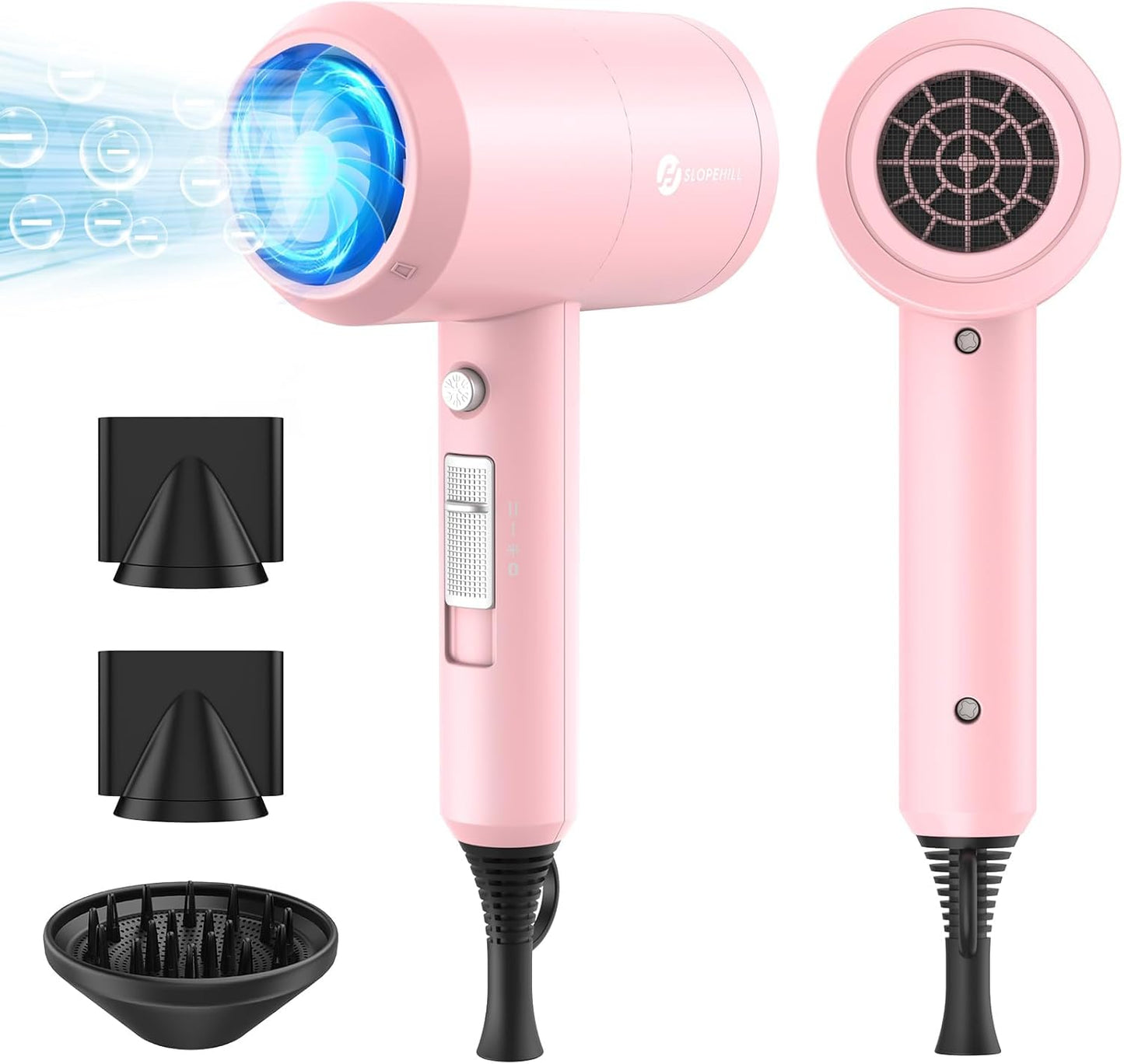 Slopehill Professional Ionic Hair Dryer, Powerful 1800W Fast Drying Low Noise Blow Dryer with 2 Concentrator Nozzle 1 Diffuser Attachments for Home Salon Travel