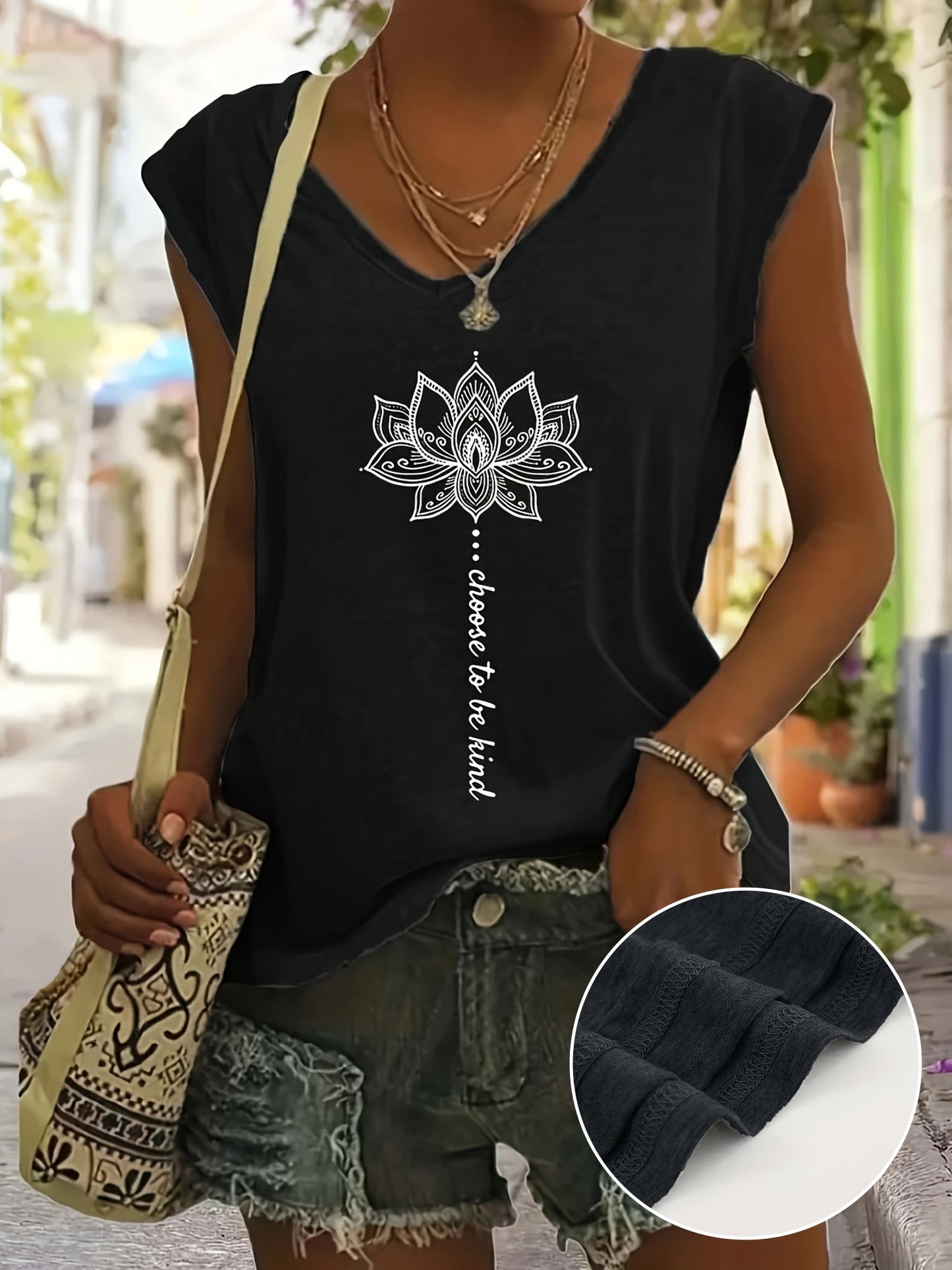 WISH Quick Deal: Ebye Spring/Summer 2024 - Women's Light Blue V-Neck T-Shirt with Inspirational for Lotus & Letter Print, Casual Loose Fit, Rayon Blend, Machine Washable