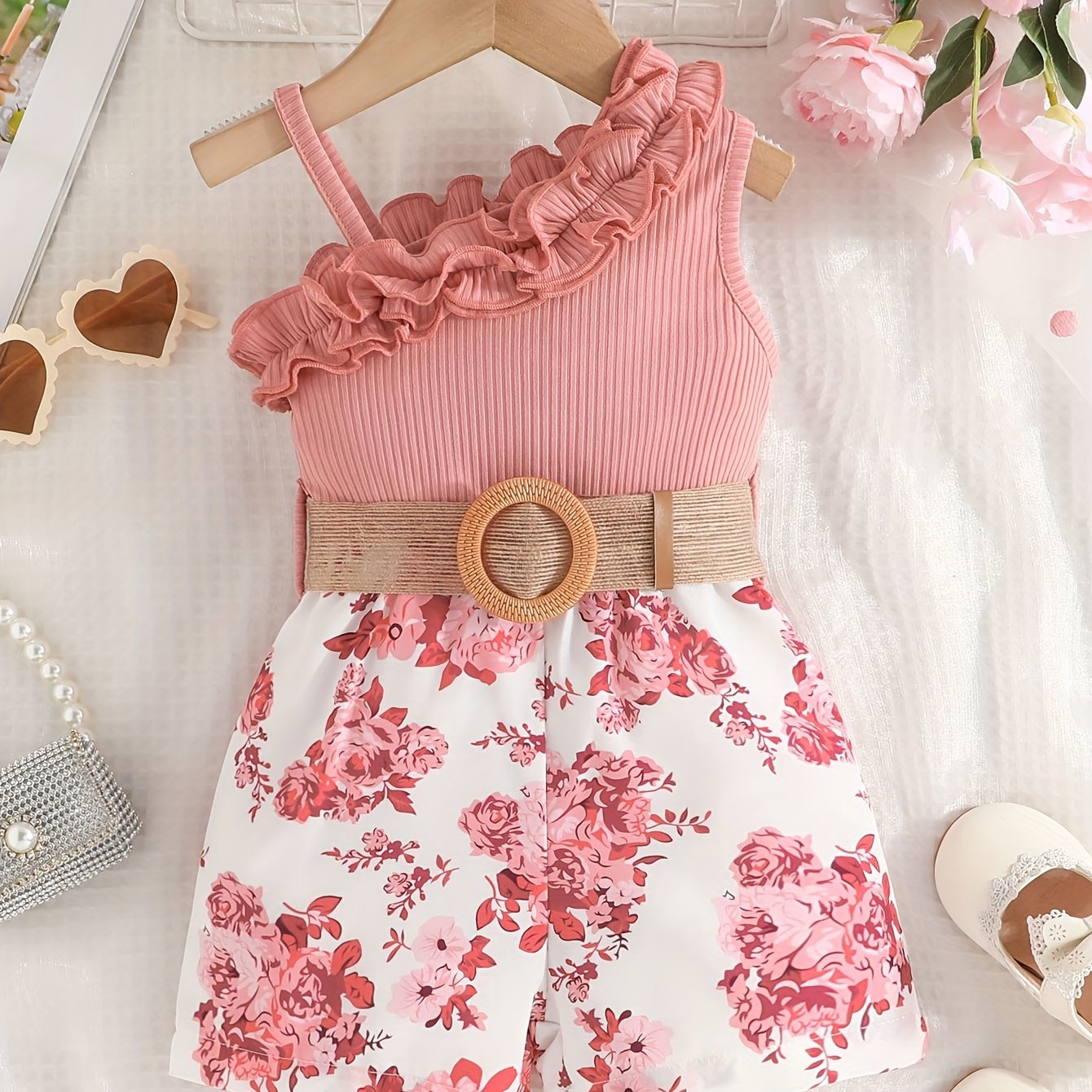 Baby's Vacation Style Flower Pattern Splicing One-Shoulder Romper With Belt, Toddler & Infant Girl's Bodysuit For Summer Daily & Outdoor Wear