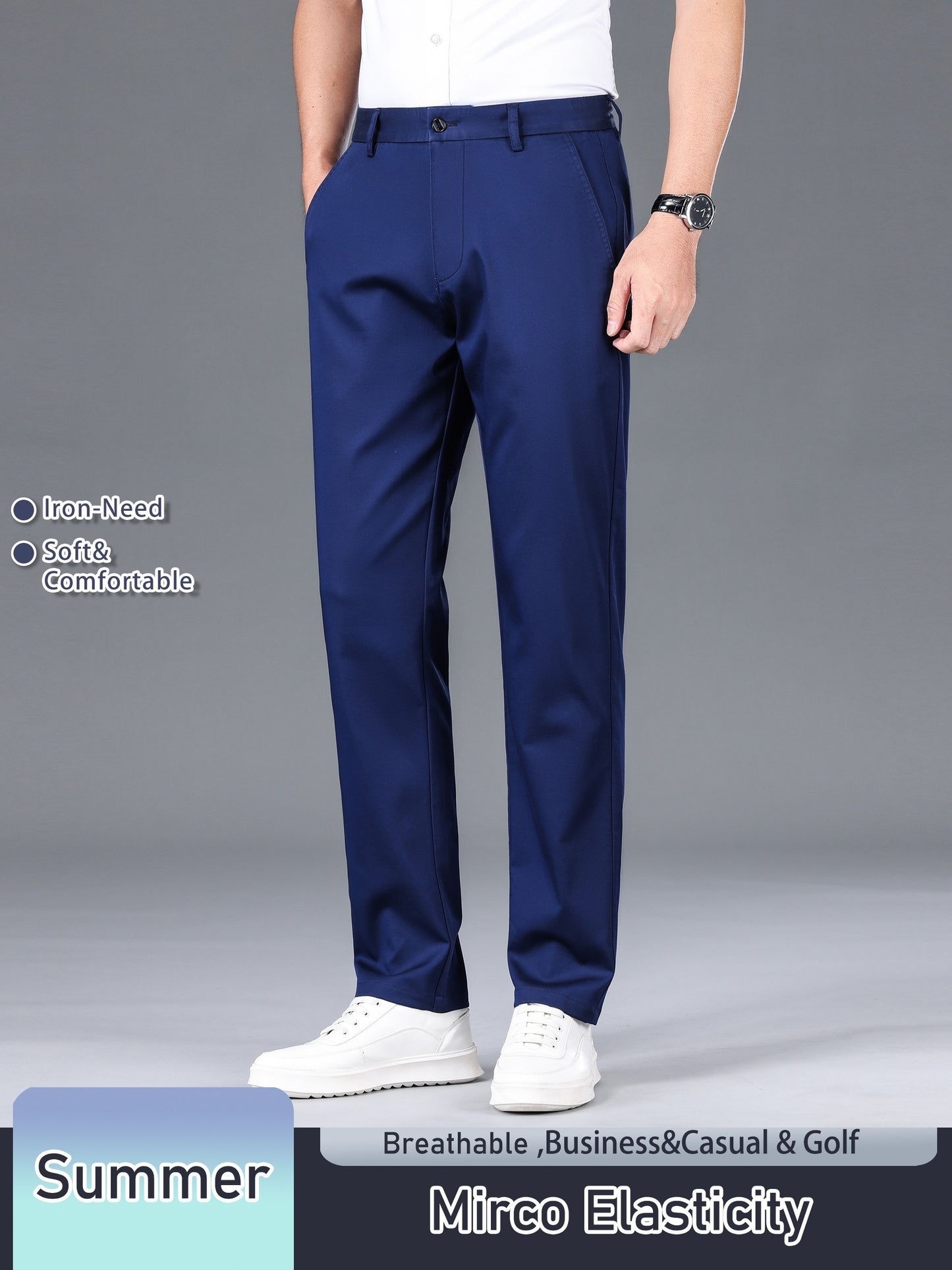 Men's Solid Color Straight Leg Business Style Cotton Blend Pants, Casual Comfy Breathable Outdoor Trousers As Gift