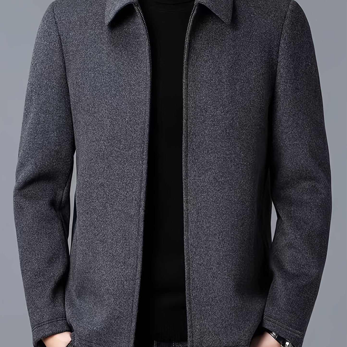 Men's Autumn and Winter Fleece Jacket with Zipper and Turn-up Collar
