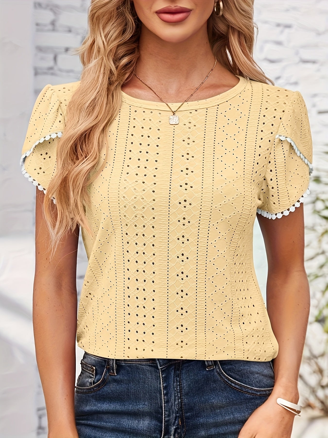 Women'S Elegant Blouse - Soft Pink Round Neck T-Shirt with Floral-like eyelet details, Breathable Loose Fit Top for Casual & Formal Outfits - Everyday Summer Shirt for Women, Ladies T Shirts, Versatile Clothing, Feminine Styl