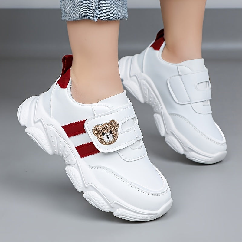 Girls' White Sneakers - Cute Cartoon Bear Design, Casual Low-Top Style with Hook-and-Loop Fastener, Comfortable Microfiber Synthetic Upper, All-Season Wear for Youngsters, Everyday Youngsters's Shoes | Playful Youngsters Snea