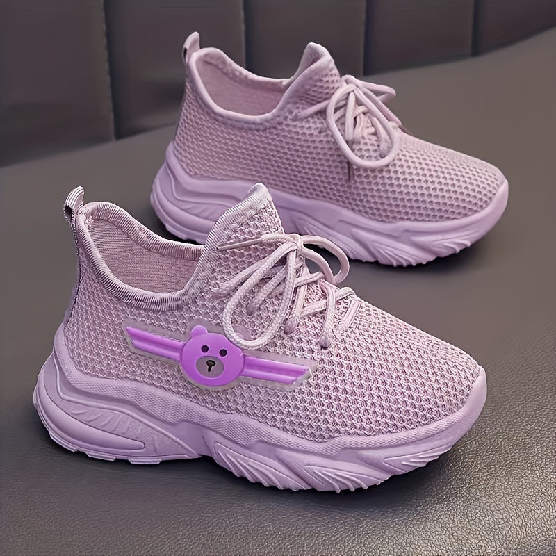 Youngsters' Breathable Lightweight Sneakers - Low-Top Lace-Up & Slip-On Design with Cute Bear Accents, Light Purple & Black Mesh & Fabric Upper, Cushioned PVC Sole for Boys & Girls, Summer Casual Shoes, Youngsters Sneakers, P