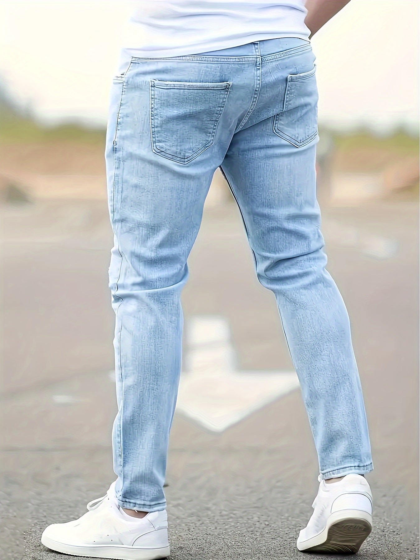 Men's Slim Fit Stretch Denim Jeans - Casual, Breathable & Machine Washable with Ripped Detail
