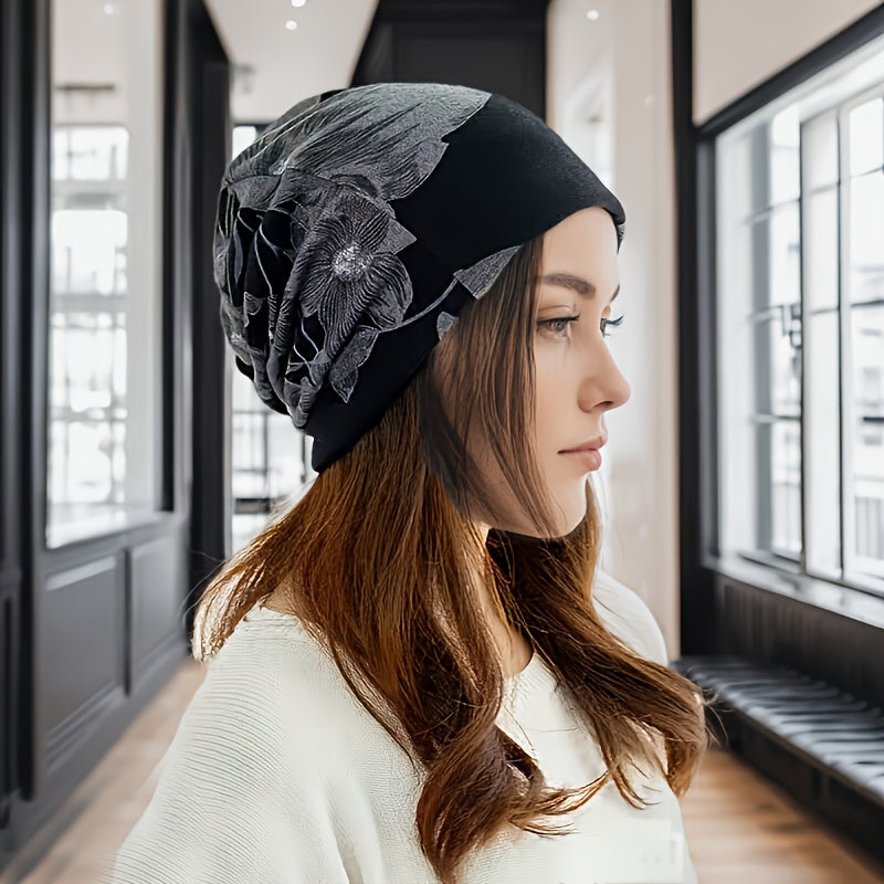 Boho-Chic Floral Print Beanie for Women - Stretchy, Lightweight & Warm Knit Cap for Autumn/Winter Outdoor Activities, Brimless, Bohemian Style