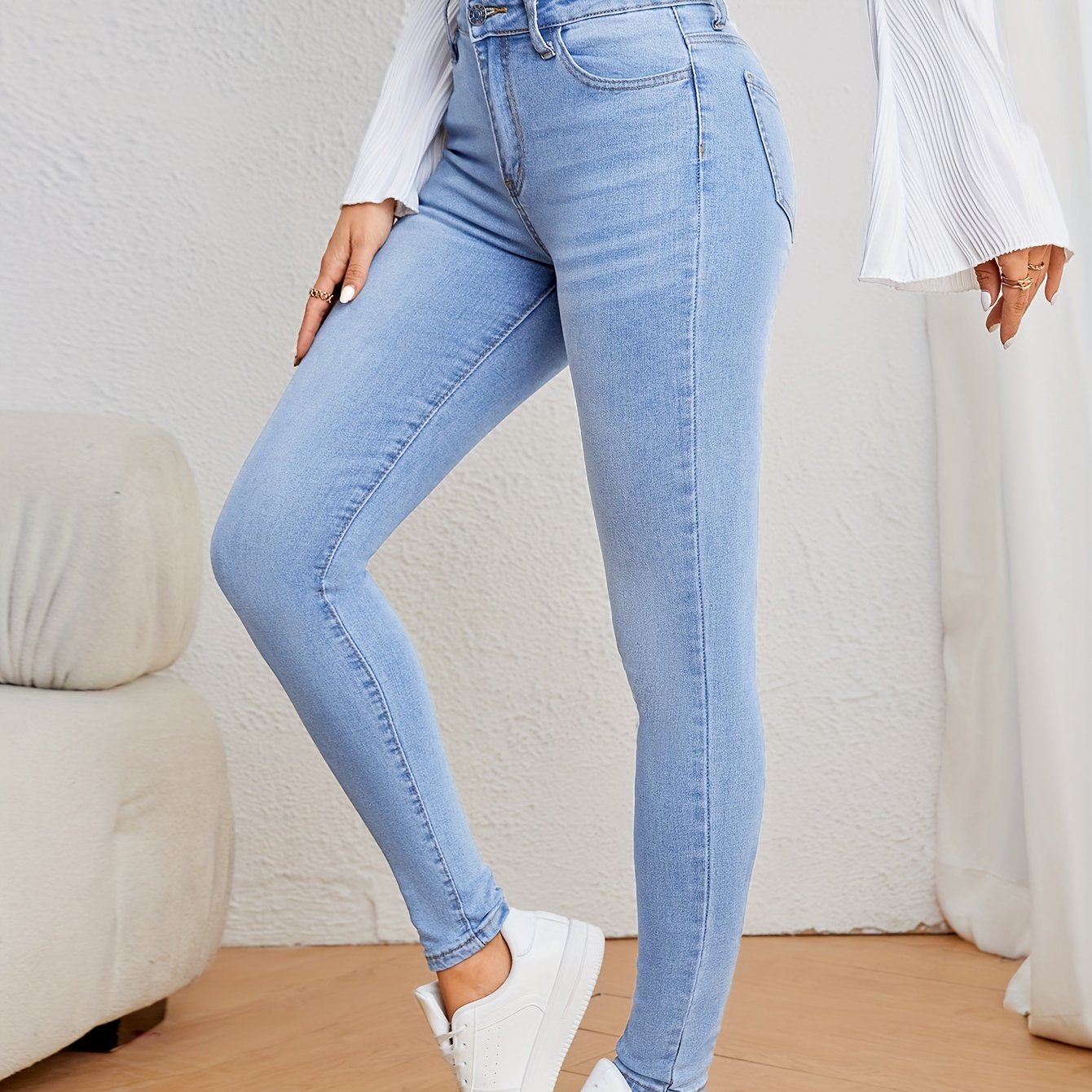 Women's Casual Plain Light Blue Skinny Jeans, Stretchy Denim Pants, Classic Design, High Waist Slim Fit For Everyday Fashion - Perfect For Fall & Winter