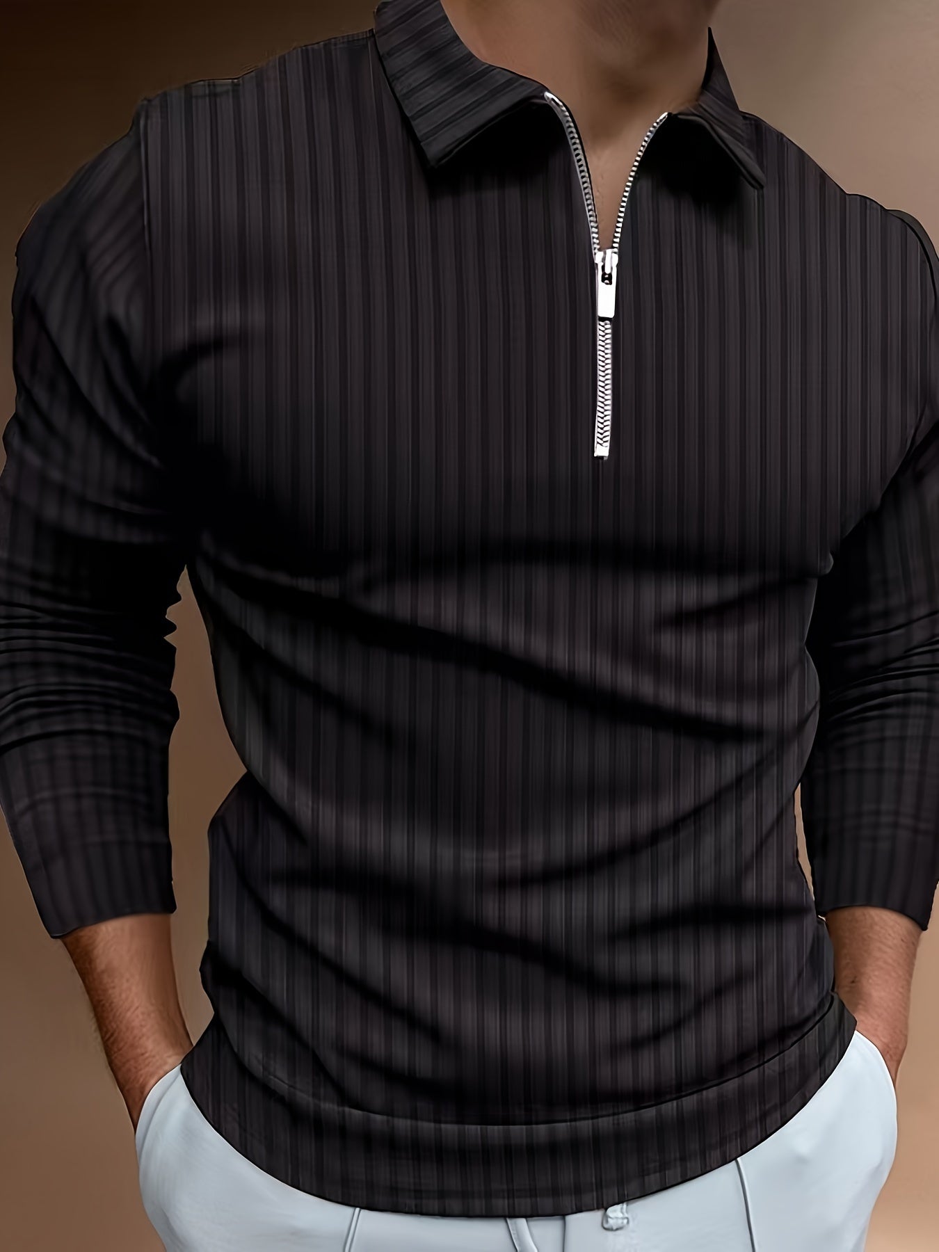 Men's Casual Sports Ribbed Long Sleeve Zipper Lapel Golf Shirt, Spring And Fall