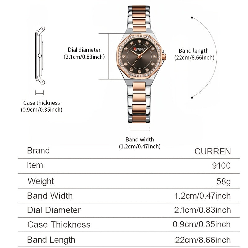 CURREN Women's Elegant Fashion Luxury Rhinestone-Adorned Small Dial Watch - Stainless Steel Band, Zinc Alloy Case,, Analog Display - Ideal for Business & Social Events, Perfect Gift, CURREN