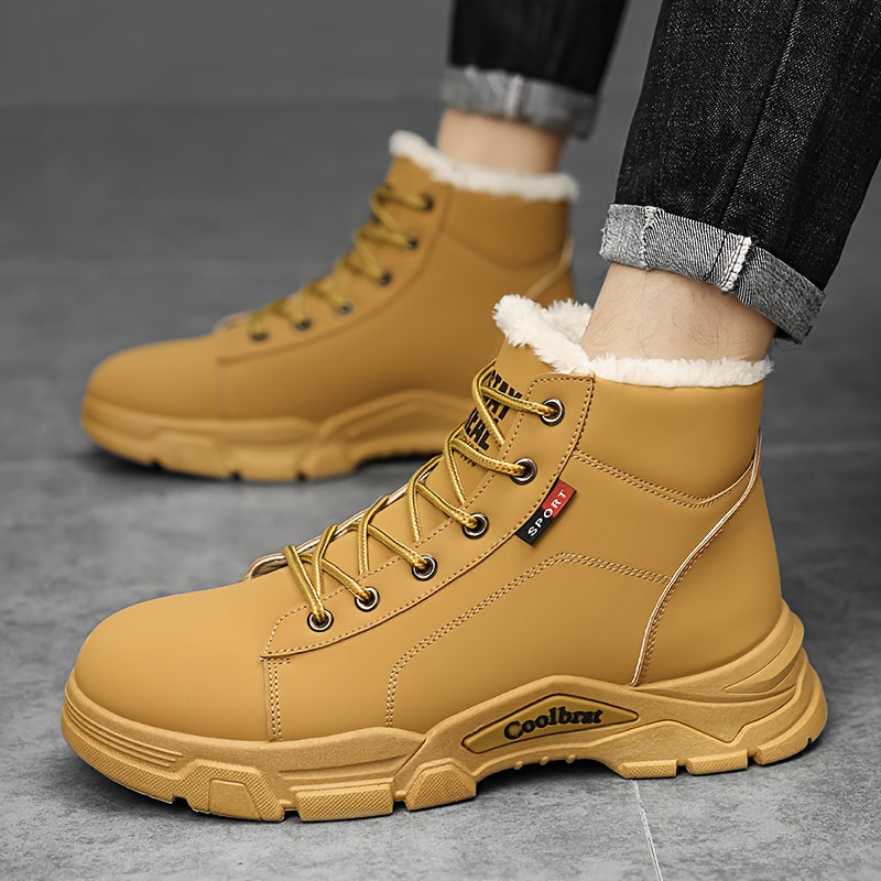Men'S Mid-Calf Fleece-Lined Thick Sole Hiking Boots - Brown Synthetic Synthetic Faux, Lace-Up Outdoor Trekking Shoes with Cushioned PVC Sole for Winter & Fall, Casual Streetwear Style, Winter Hiking Boots, Durable Traction Fo