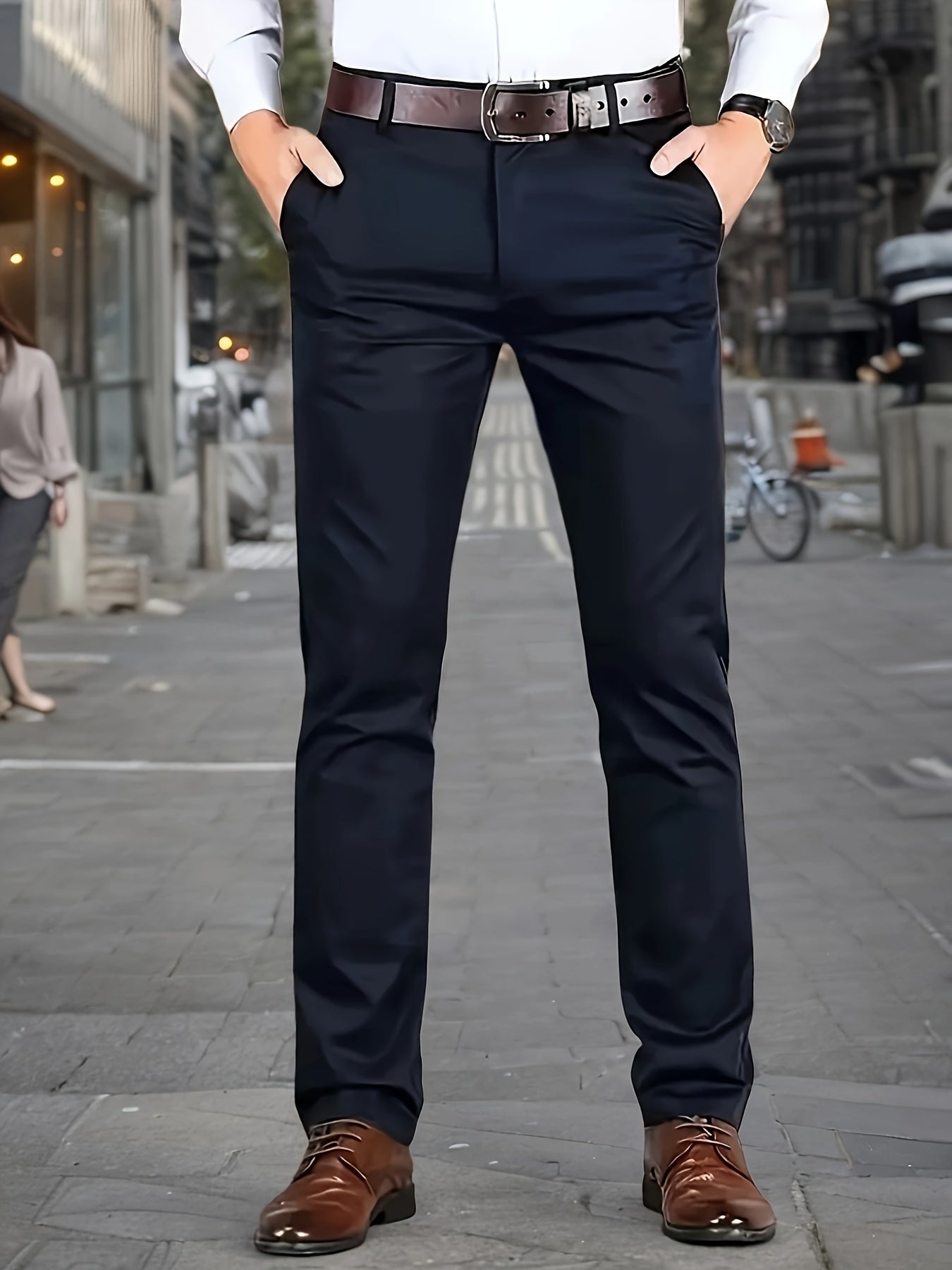 Men's Sleek Stretch Dress Pants - Solid Color Black, Comfort Fit with Subtle Stretch, Polyester Fabric, Mid-Rise, Machine Washable, Perfect for Business Casual & All-Season Wear, Business Casual Pants | Sleek Trousers | Easyc