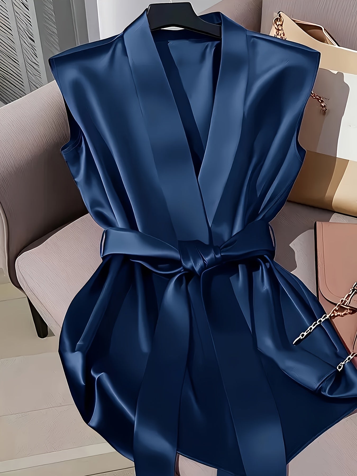 Elegant Navy Blue Satin Sleeveless Blouse & Wide-Leg Pants Set - Chic Belted Waist, High-Waisted Design, Smooth Texture, Perfect for Casual or Formal Occasions, Formal Attire | Belted Waist Blouse | Glossy Finish