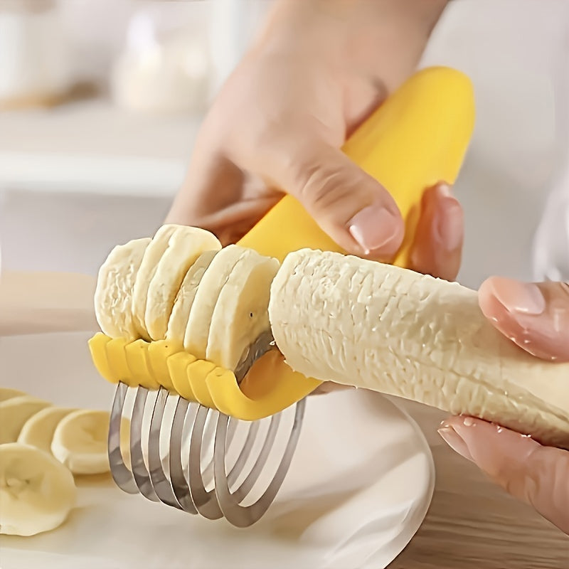 Premium Banana & Cucumber Slicer Pro - Sharp Stainless Steel Blade, Manual Handheld Slicer with Ergonomic Yellow Plastic Handle - Dishwasher Safe, Rust-Resistant & BPA-Free for Healthy Snacks, Meal Prep, Home & Professional K