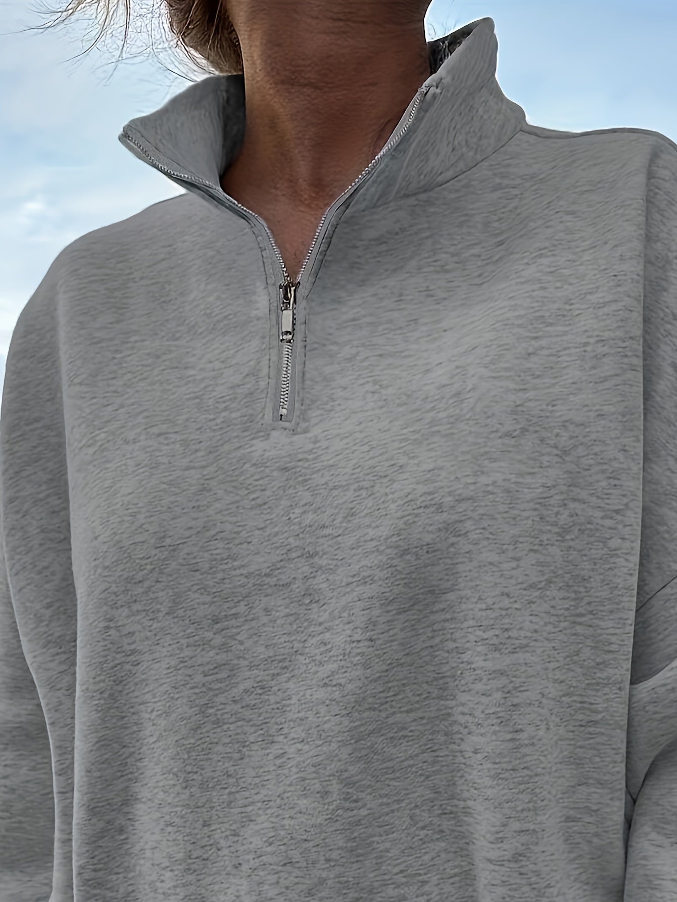 Women's Casual Heather Gray Half-Zip Sweatshirt - Soft Polyester & Elastane Blend, Long Sleeve, Stand Collar, Machine Washable - Perfect for Spring/Fall
