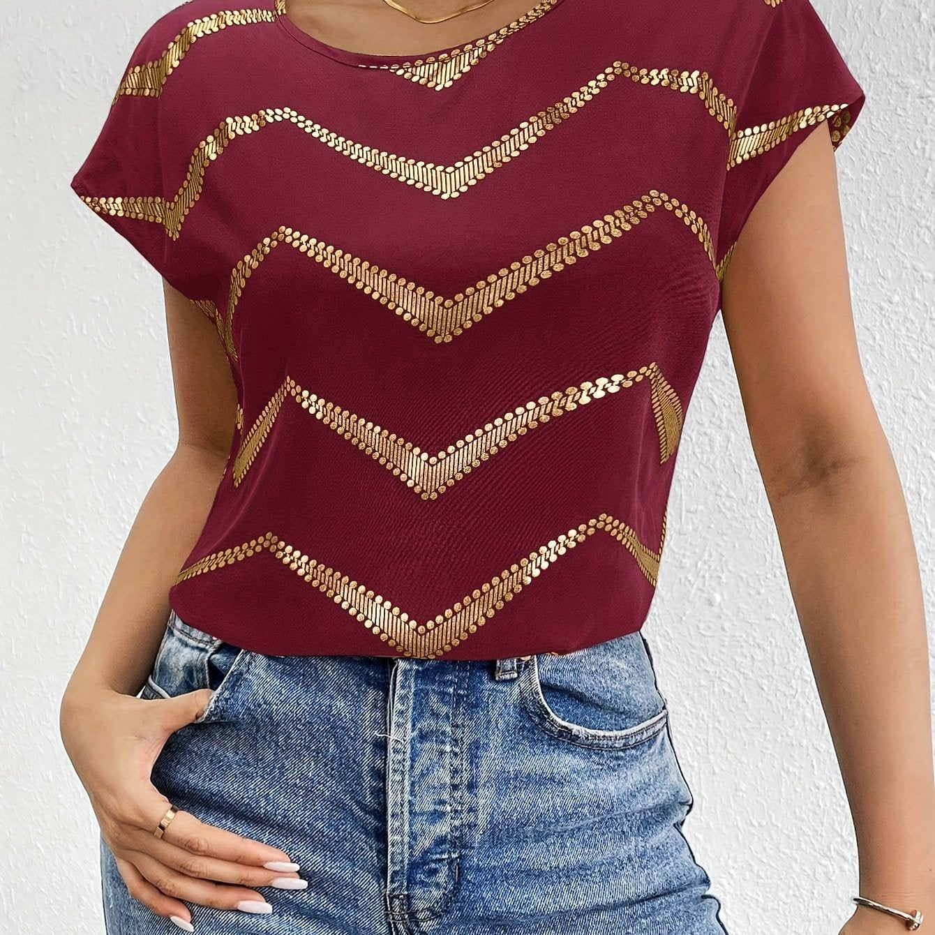 Women's Elegant Batwing T-Shirt - Black with Golden Geometric Print, Stretchy Polyester-Spandex Blend, Round Neck Casual Top for Spring Summer Fall, Machine Washable for Parties Dates Casual Attire