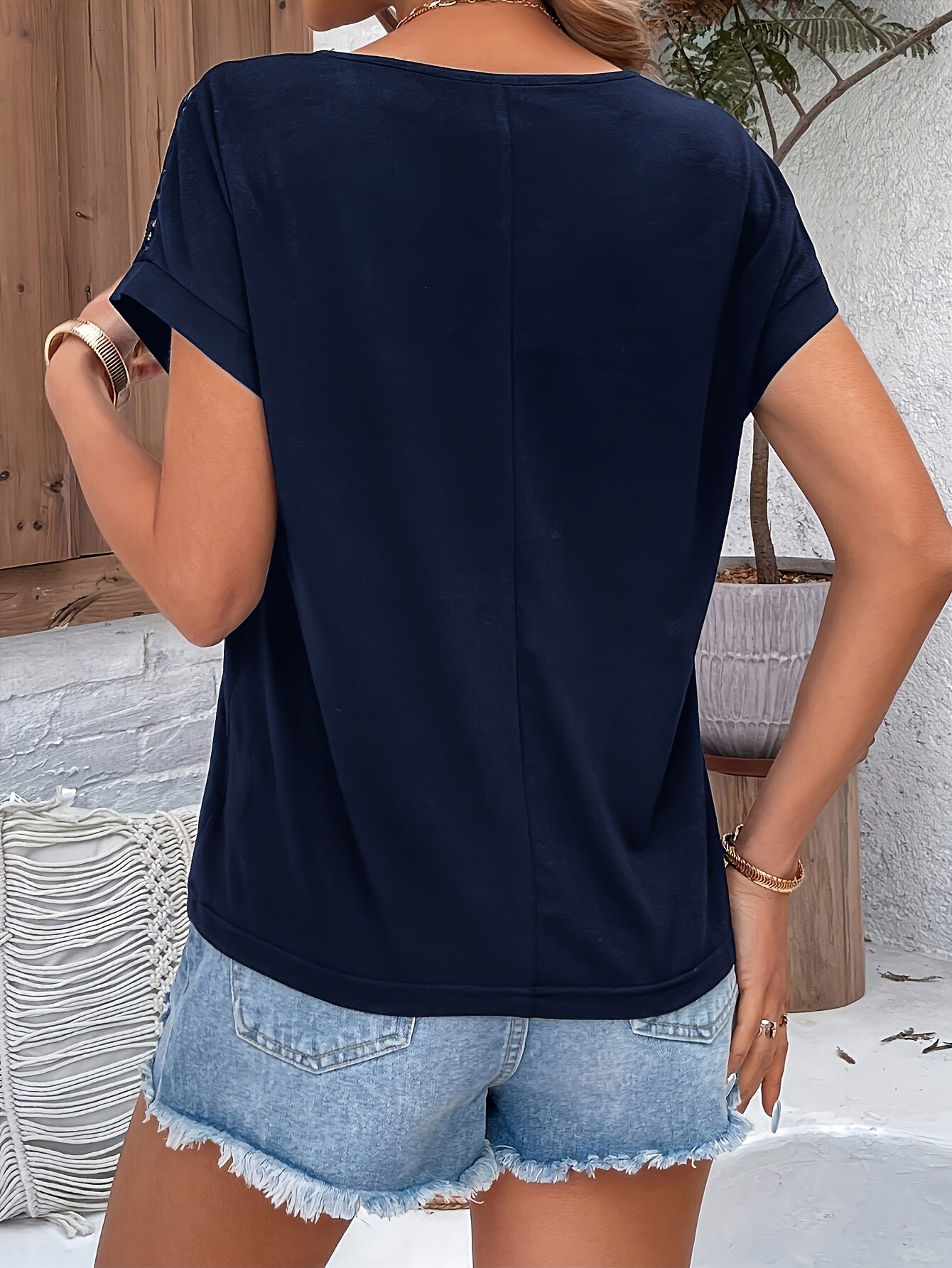 Vacation Style Lace Batwing Short-Sleeve T-Shirt