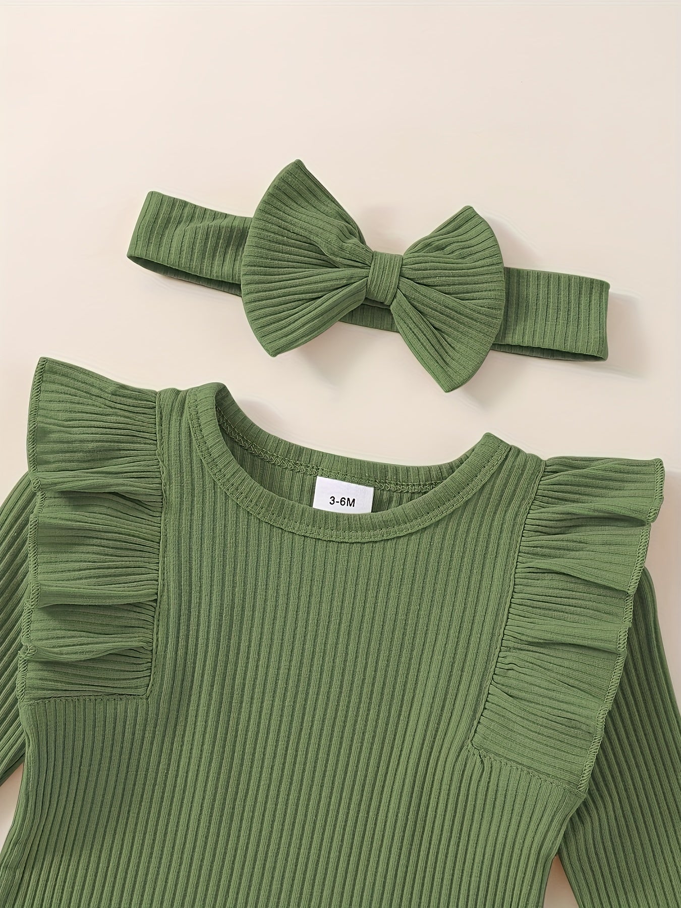 3pcs Baby Girl Outfit Set, Cute Ribbed Ruffle Long Sleeve Romper & Pants, 95% Cotton 5% Spandex, Crew Neck Pullovers, Solid Color, Regular Fit, No Belt, Fall/Winter Knit Fabric, 0-18 Months, for Outdoor