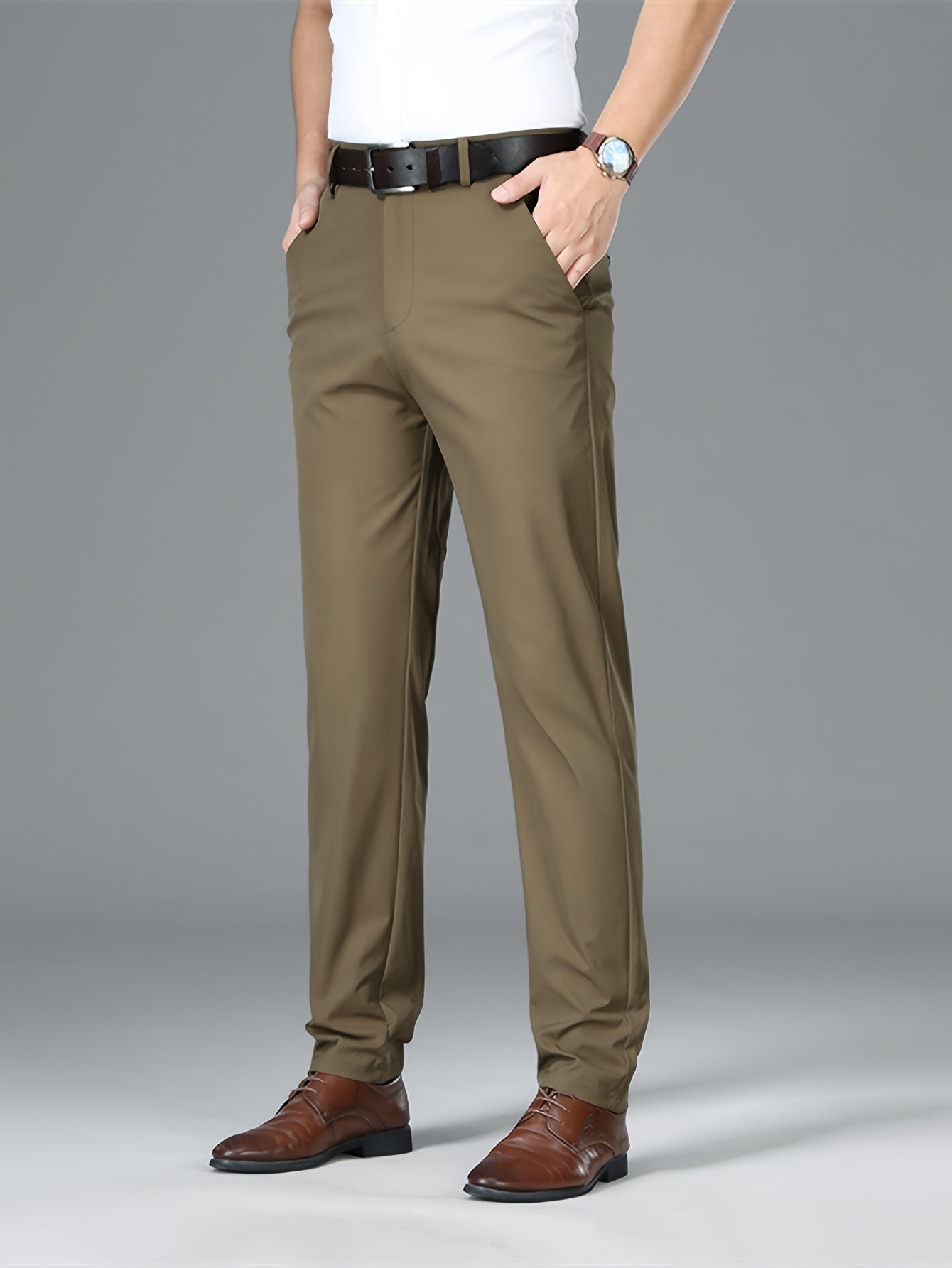 Men's Lightweight Summer Casual Pants, Slim Straight Fit, Polyester, Mid-Rise, Built-in Zipper, Regular Length - Ideal for Casual Attire