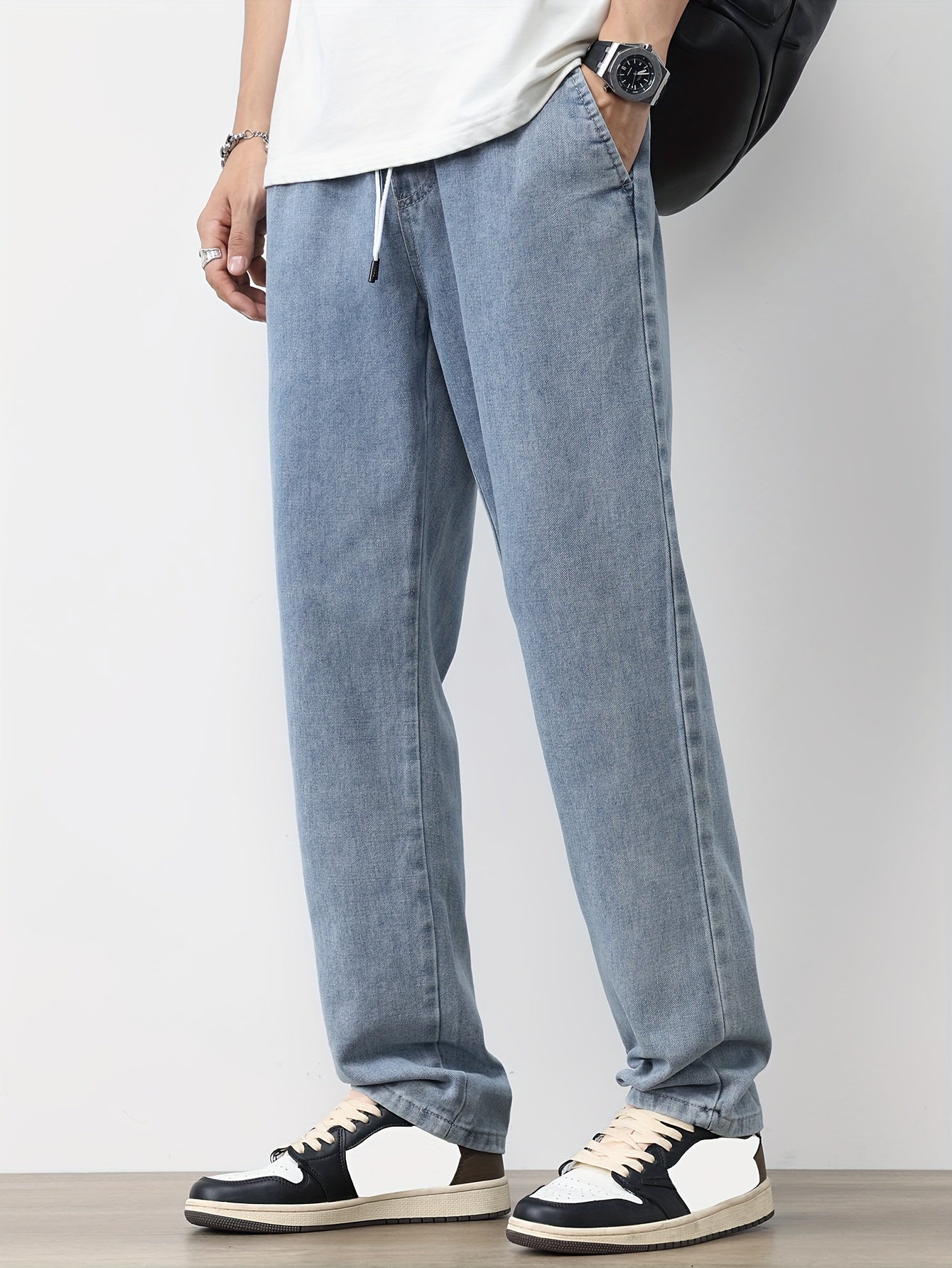 Men's Solid Washed Denim Trousers With Pockets, Causal Drawstring Cotton Blend Barrel Jeans For Outdoor Activities