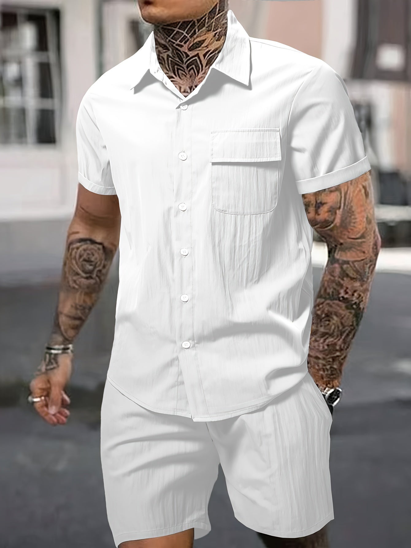 Men's Summer 2pcs Set: Casual Fashion Beige Short Sleeve Collared Shirt & Drawstring Shorts - Lightweight Blend, Ideal for Beach Vacations