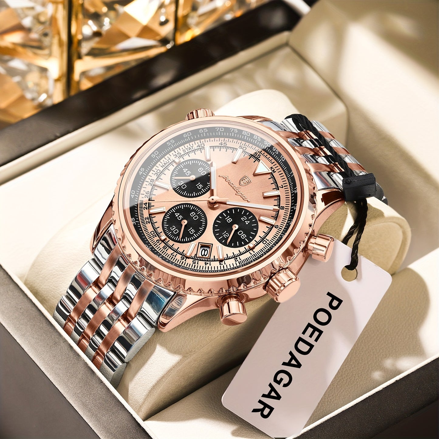 POEDAGAR Men's Luxury Stainless Steel Watch, Chronograph, Calendar, Date Display, Green Dial with Black Bezel & Roman Numerals, Quartz Movement, Casual to Business Style, Suitable for Women