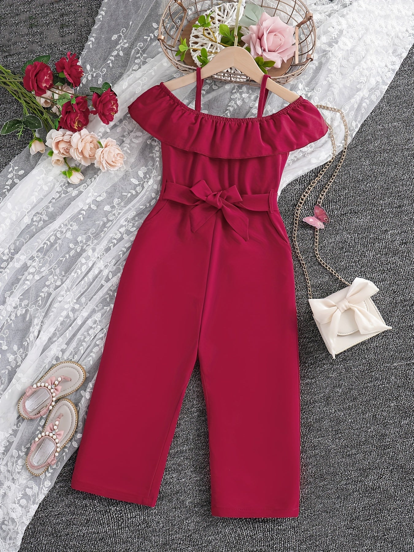 Girls Ruffle Cami Romper Belt Off Shoulder Նրբագեղ ամառային գարուն աշուն մանկական հագուստ