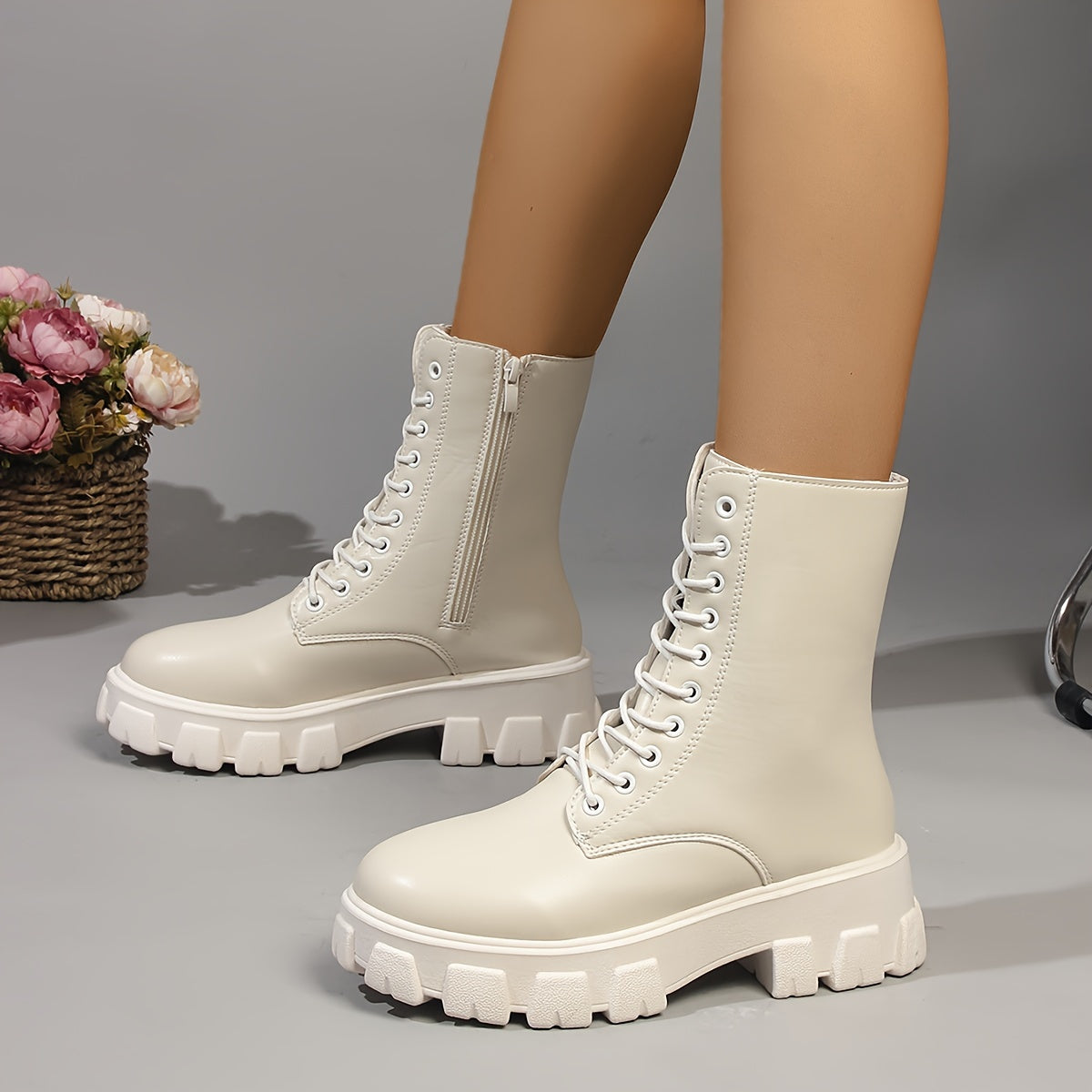Chic Women's Mid-Calf Platform Boots - Versatile Lace-Up Ankle Booties with Thick Sole, Faux Cover, Comfortable for All Seasons