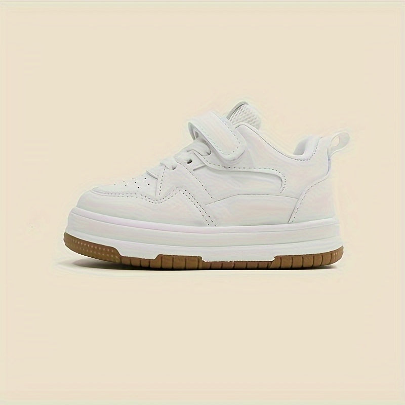 Preppy Style Solid Color Casual All-Season Low Top Sneakers for Boys and Girls with Adjustable Strap Closure, PU Upper, Fabric Lining, and Durable Rubber Sole, Perfect for Daily Wear & School Under 14 Years - White