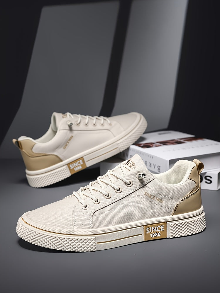 Men's Casual Low-Top Sneakers - Breathable Fabric Durable PVC Sole, Black Beige Contrast Design, Lace-Up Round Toe for All-Season Comfort, Versatile for Casual Semi-Formal Wear, Comfortable Footwear, Fabric Upper