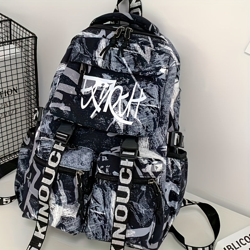 Spacious, Stylish Graffiti-Style Large Capacity Backpack for College & High School Students - Durable Nylon, Casual Fashion