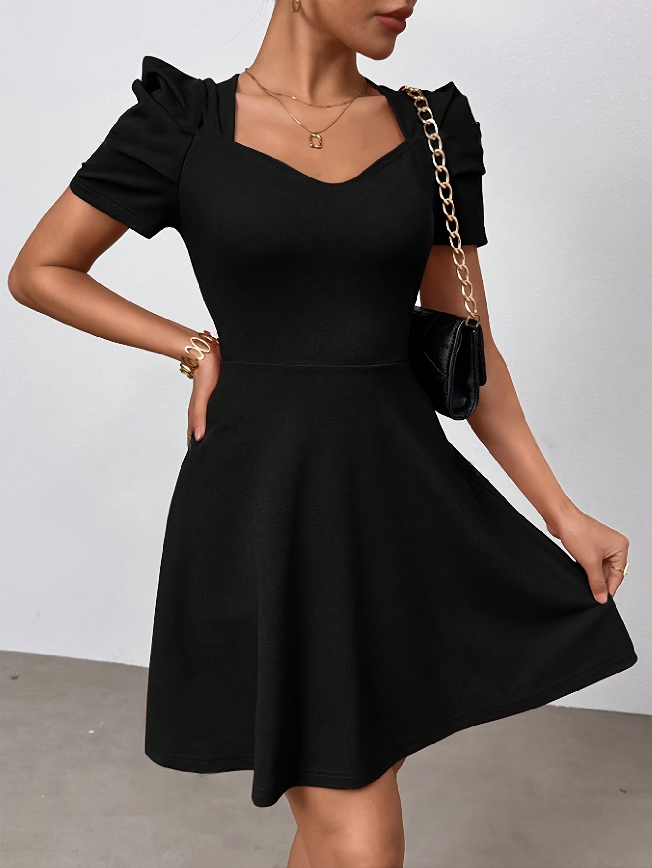 Elegant Heart Neck A-line Dress, Polyester Elastane Blend, Solid Color, All Season, Women'S Clothing
