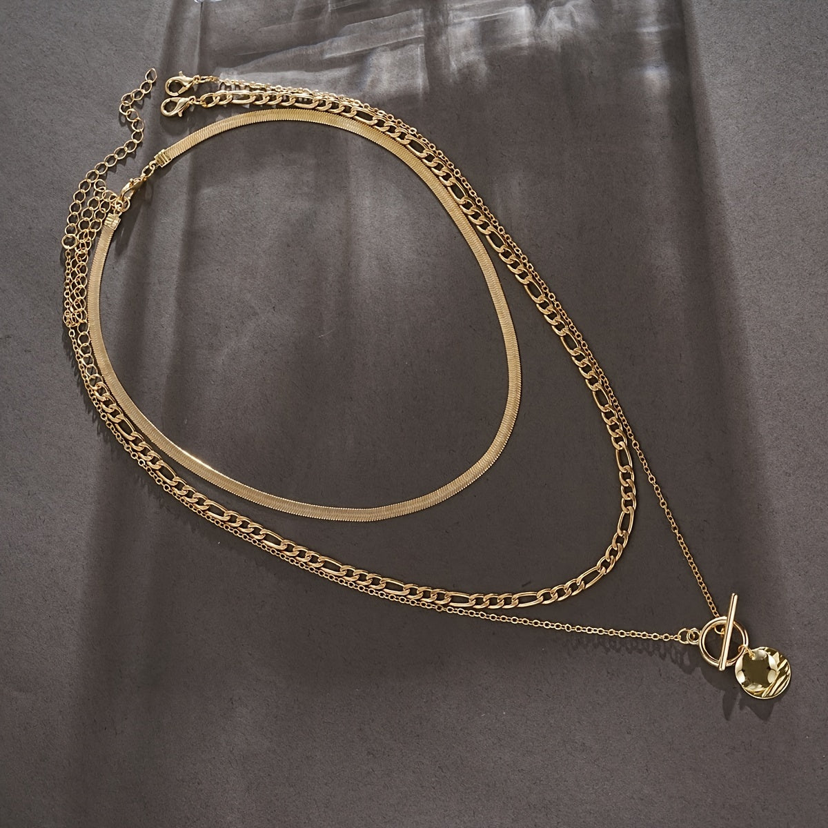 3-Piece Women's Layered Necklace Set, Simple Laminated Snake Bone Chain with Coin Pendant, Zinc Alloy, Vacation & Casual Dating Style Accessory, Multi-Style Combo