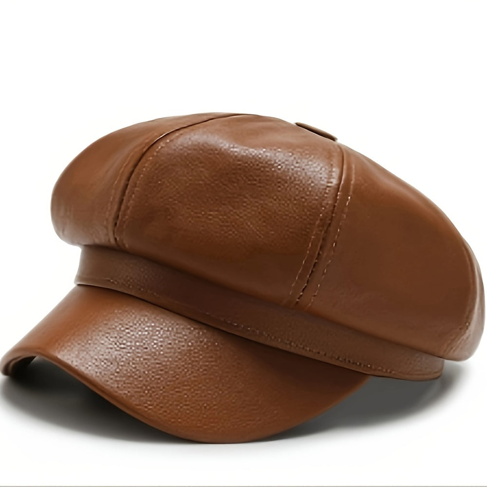 PU Leather Beanie Hat For Women, Waterproof, Round Bucket Hat With Faux Fur Pom Pom, Stylish Winter Hat For Fall/Winter/Spring