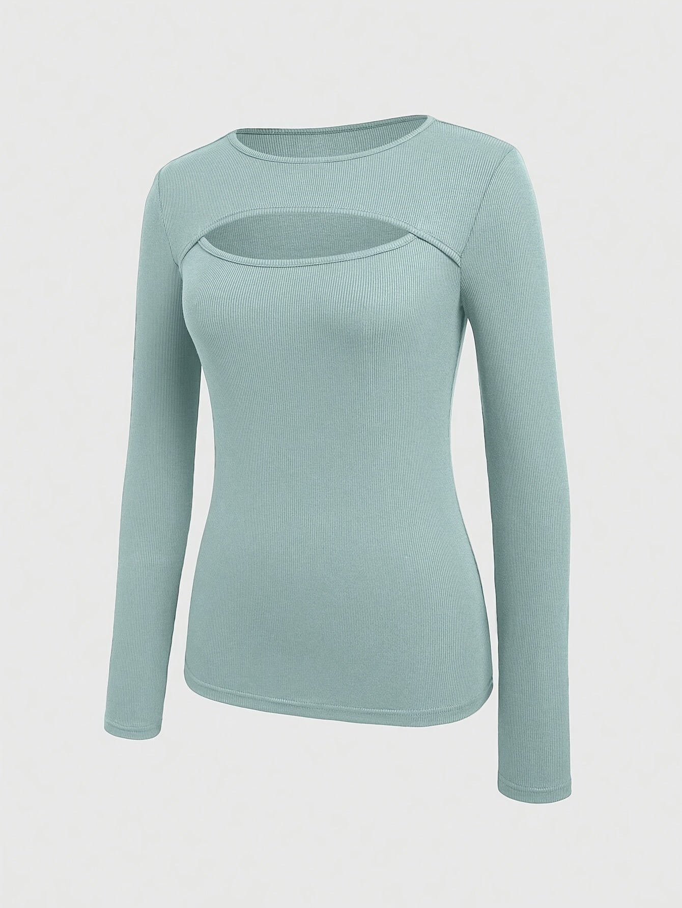 1pc Essence Women'S Elegant Ribbed Long Sleeve T-Shirt, Polyester and Spandex Blend, Hollow-Out Detail, Solid Color, Crew Neck, Regular Length, Knitted Fabric - Autumn/Winter Collection