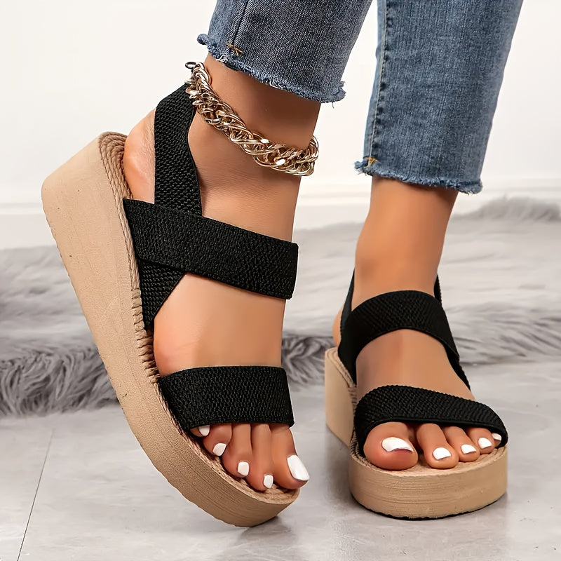 Women'S Summer Wedge Sandals, Comfortable Fabric Upper, Slip-On Round Toe Platform Heel, Casual Beach Shoes with Rubber Sole and Insole