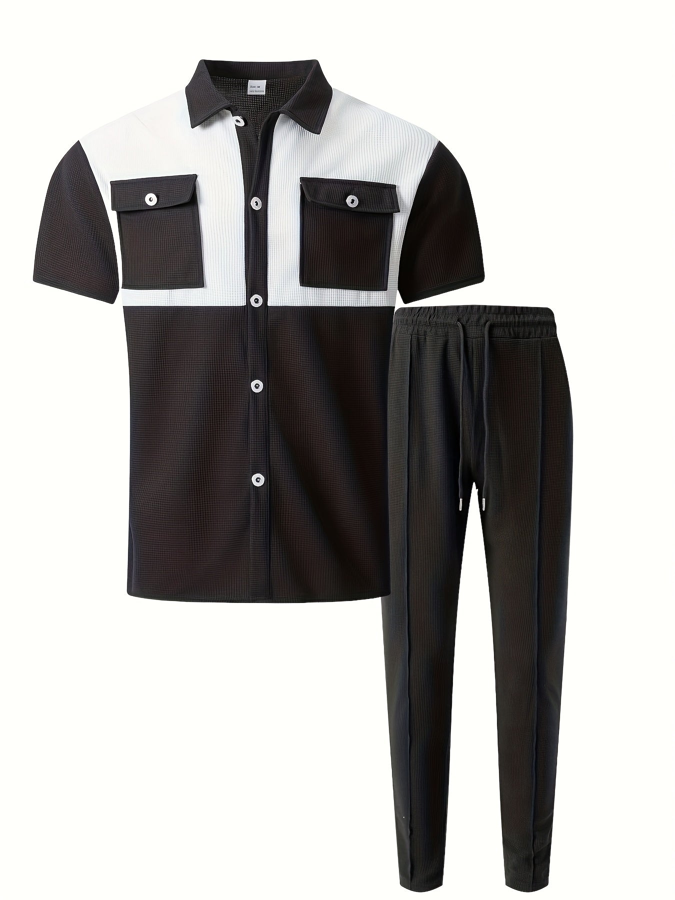 Men's Summer Two-Piece Set, Waffle Fabric Contrast Color with Pockets Short-Sleeved Shirt + Casual Trousers Suit, Leisure Light Business Vacation Daily Multiple Scenes