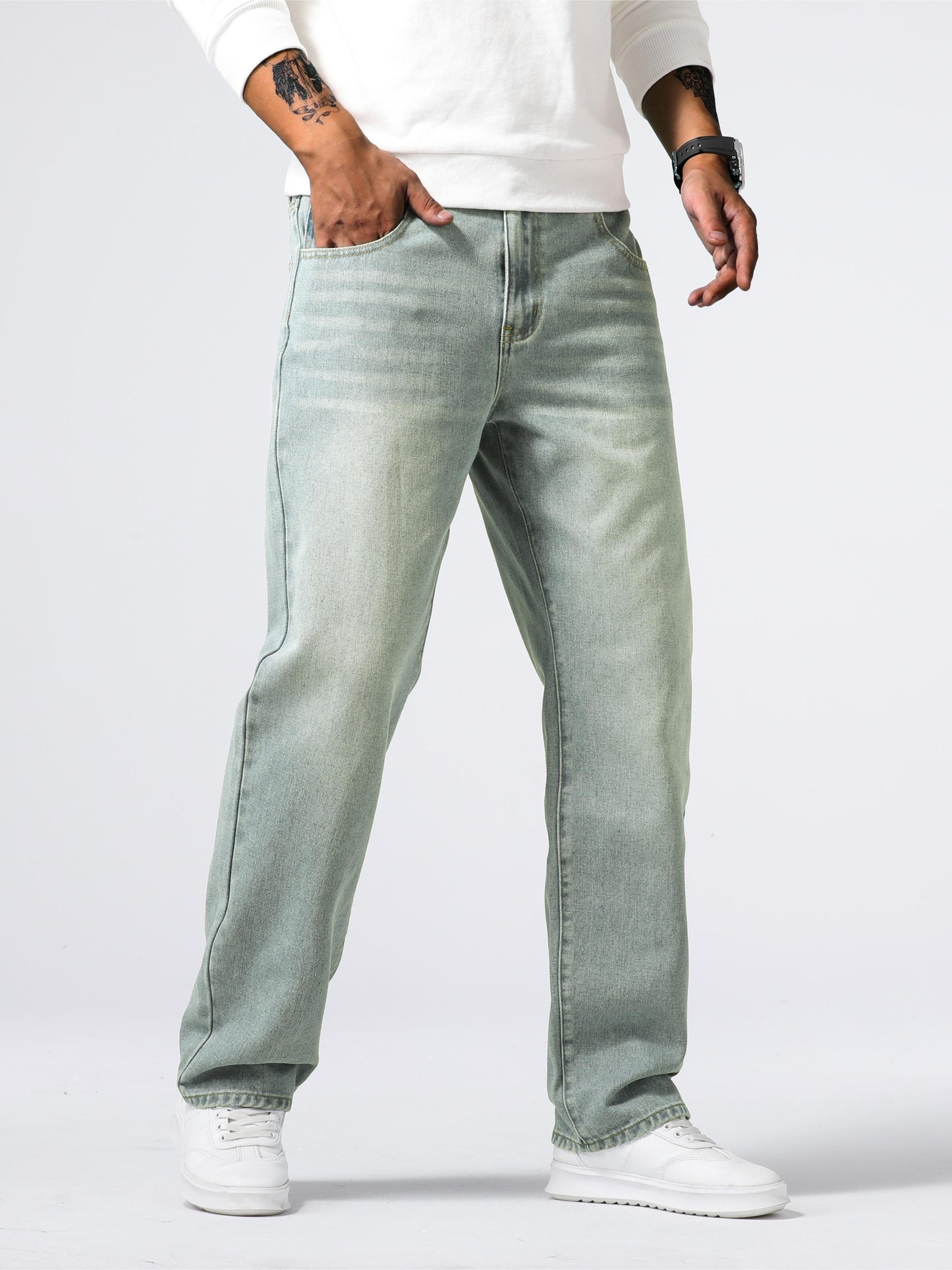 Loose Fit Straight Leg Jeans, Men's Casual Street Style Distressed Denim Pants For All Seasons