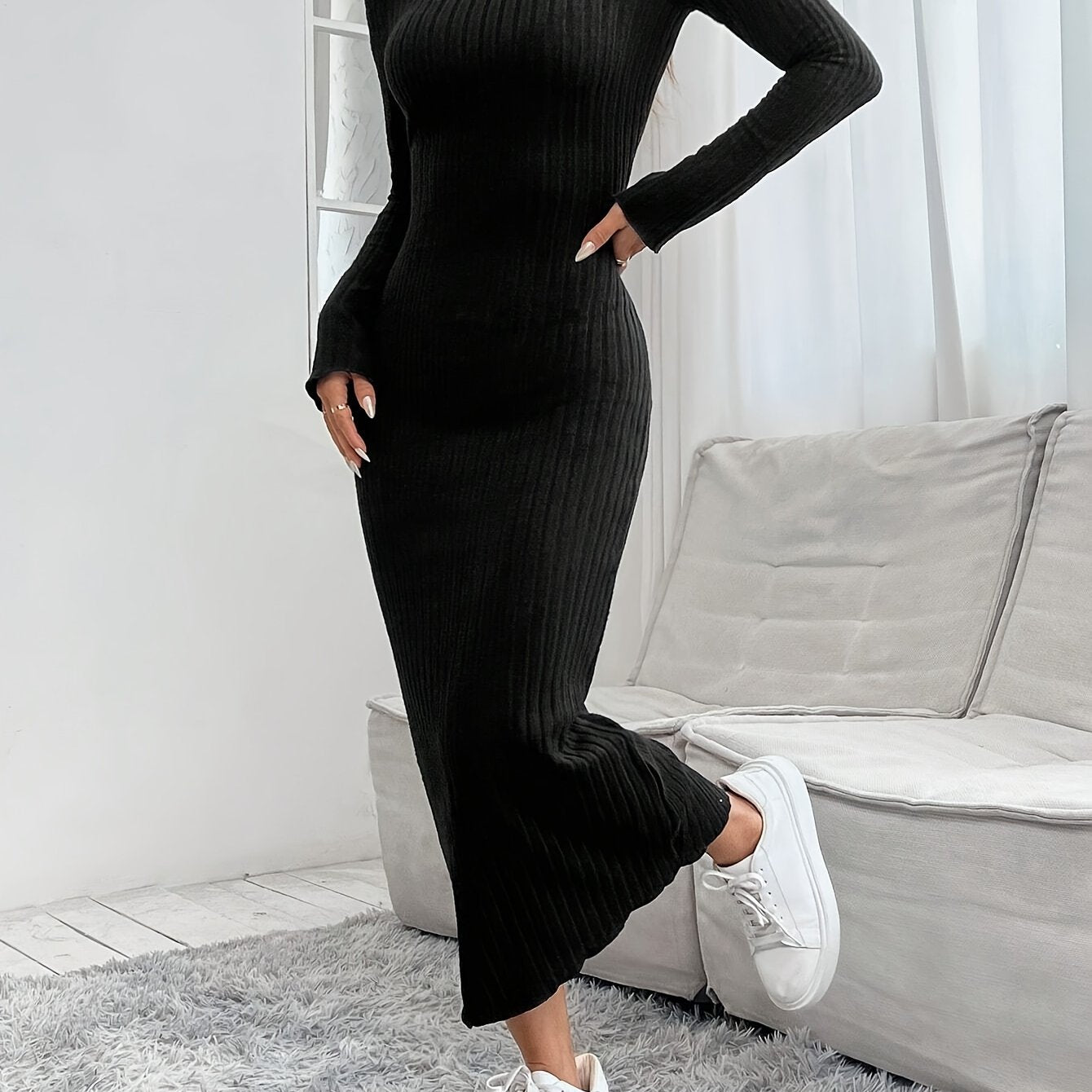 Women's Ribbed Crew Neck Long Sleeve Fitted Dress, Polyester 95% Spandex 5%, Solid Color Knit Fabric, Winter Season Adult Apparel, Ribbed Knit Dress