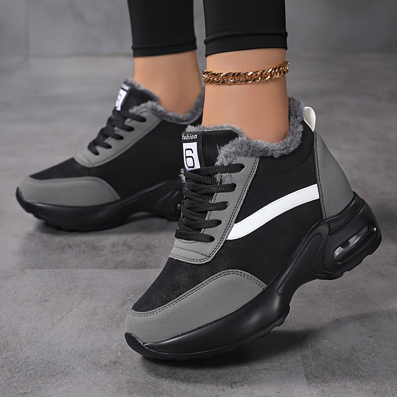 SOSENFER Women'S Winter Sneakers with Plush Lining - Low-Top Lace-Up Casual Shoes, Synthetic Cover Upper & Faux Sole, Machine Washable, Black & White Design for Casual Attire, Ladies Sneakers, Comfortable Footwear, Durable Tr
