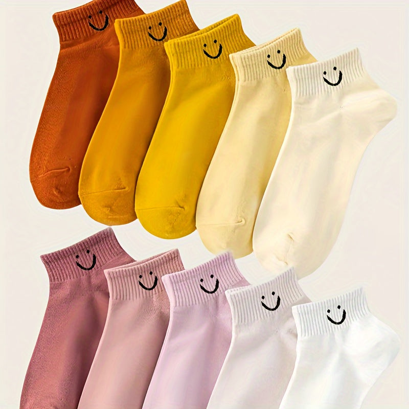 5/6/9/10/20/30 Pairs Spring and Summer Cartoon Face Print Socks, Cute Japanese Style Casual Mid-Calf Socks, Women's Socks