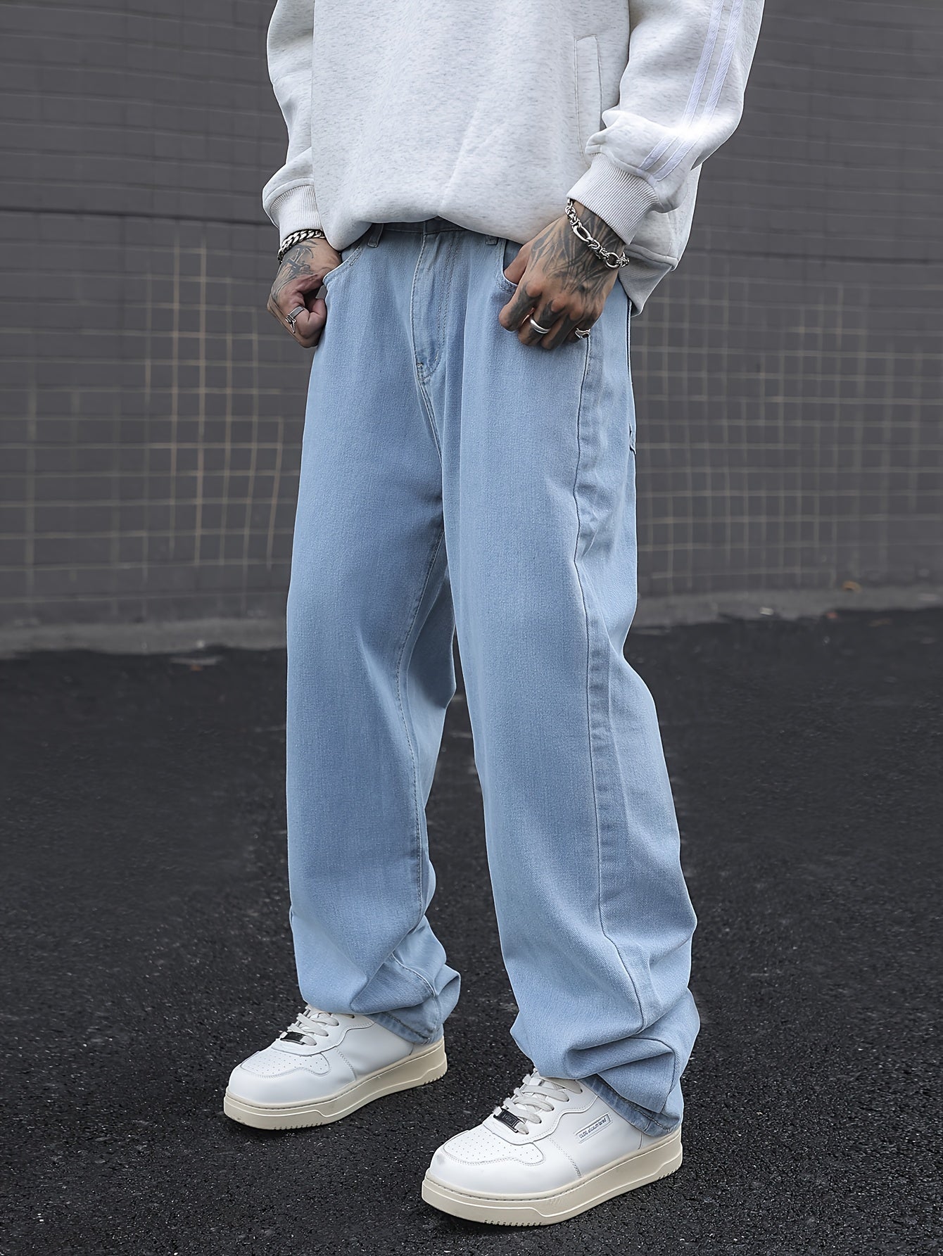 Men's Loose Solid Denim Pants With Pockets, Causal Cotton Blend Jeans For Outdoor Activities